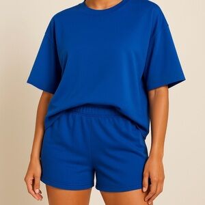 2-Piece Royal Blue Active Set Short Sleeve Sweater Top and Shorts Set Two Piece